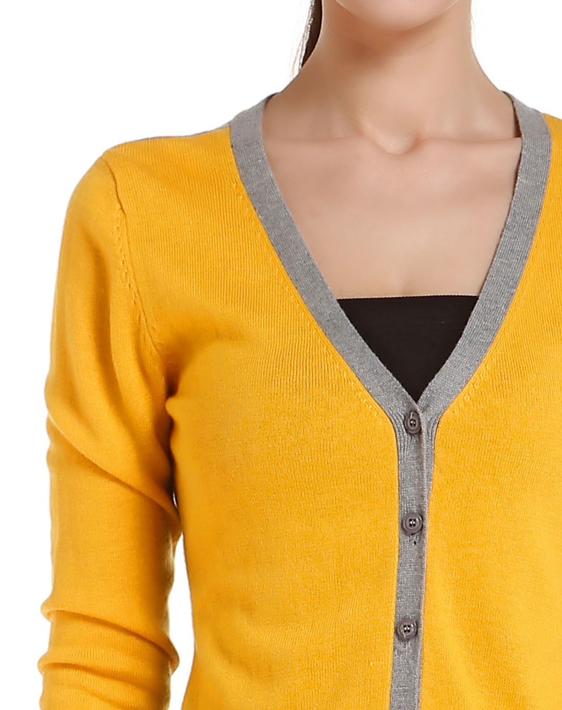 黄色拼接开襟长袖针织衫