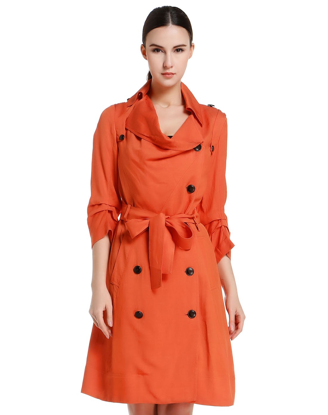 欧蒂芙oudifu女装专场 暖橘色翻领通勤七分袖长款外套