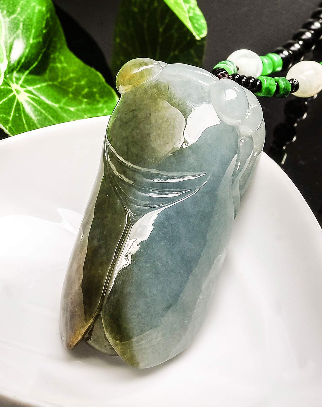 收藏级俏雕冰糯棕黄浅绿双色知了大件 天然翡翠a货(附国检证书)