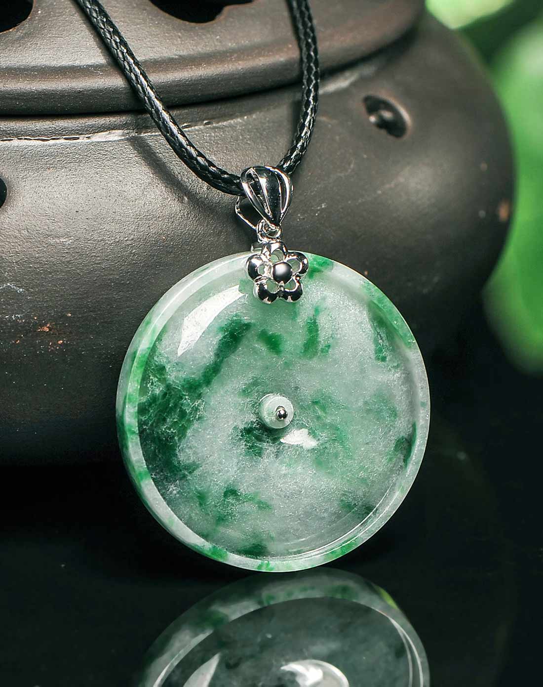 18k金镶高贵花青平安扣 天然a货翡翠(附国检证书)