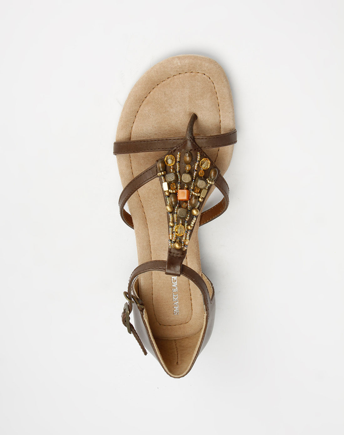 智鹰 啡色绣珠粒牛皮凉鞋