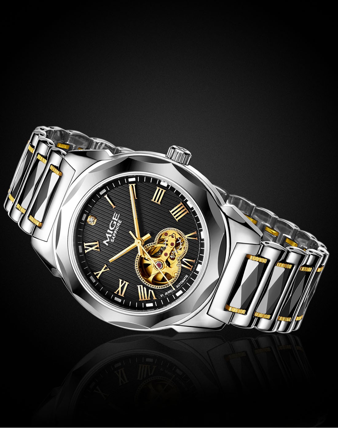 男款黑色全自动机械镂空镶钻机械表