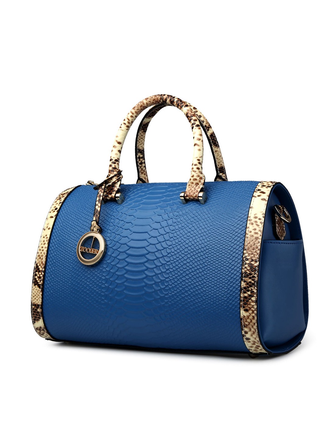 女款蓝色蛇纹波士顿桶手提包