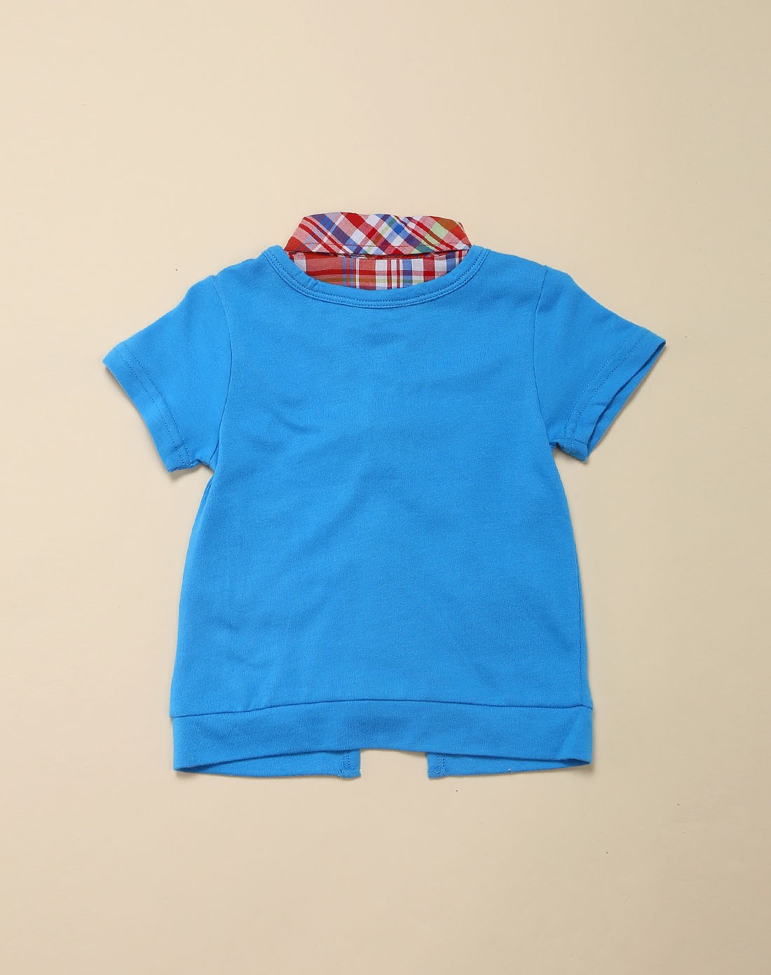 男童翠蓝色假两件短袖衬衫