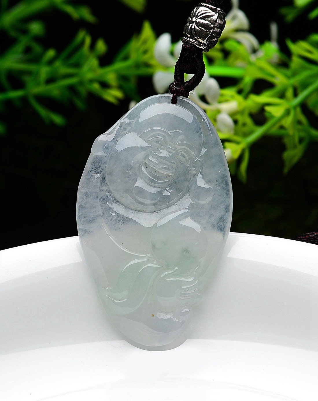 a货翡翠冰种起荧精雕布袋佛公吊坠