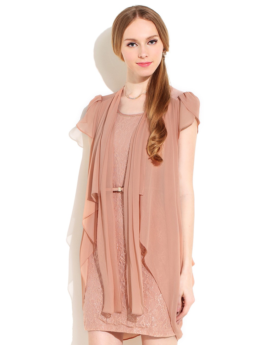 水云间sedate女装专肉桂粉色俏丽蕾丝双层盖肩袖连衣裙13201lad720257