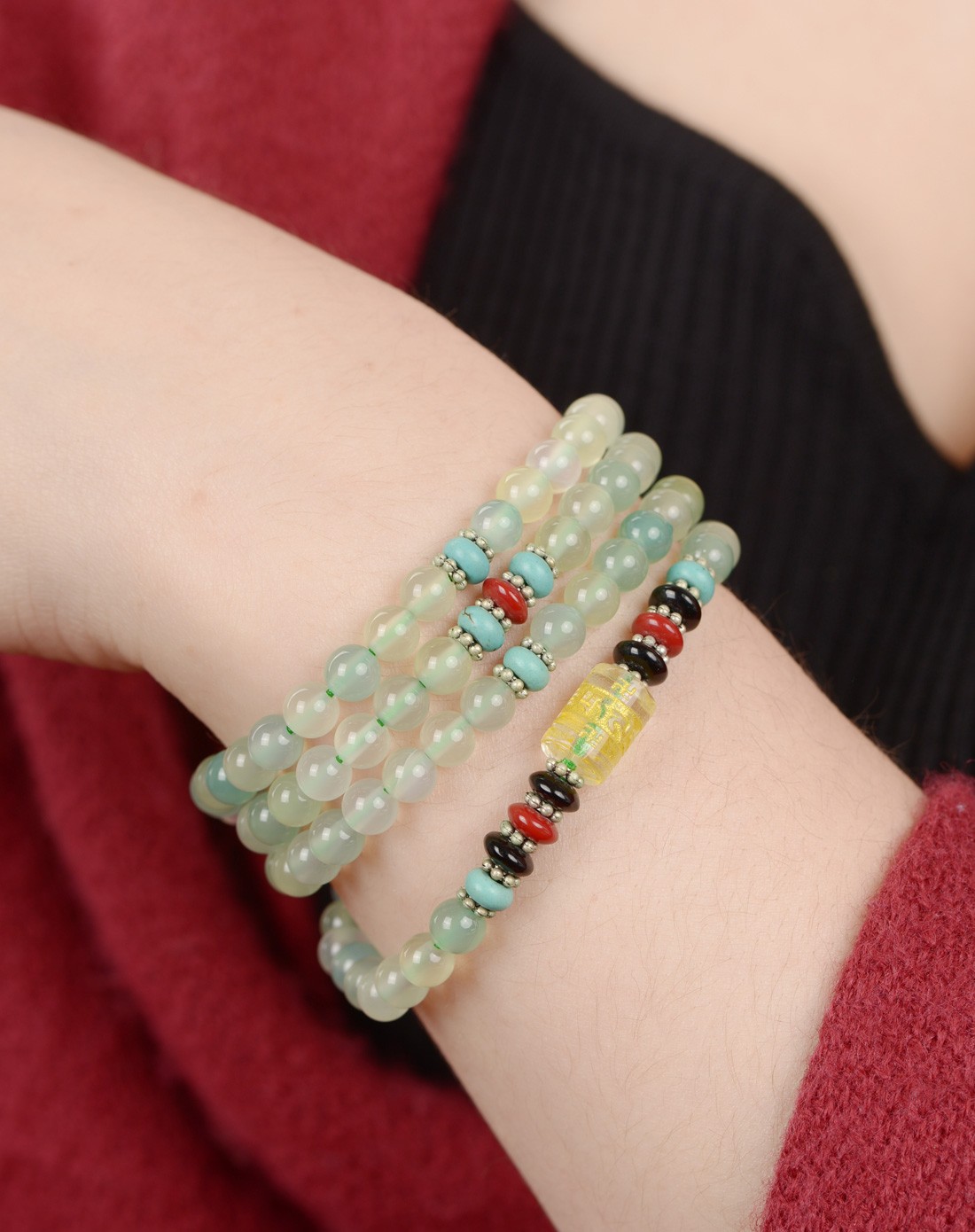 天然葡萄绿玛瑙六字真言转运手串(国家权威证书)