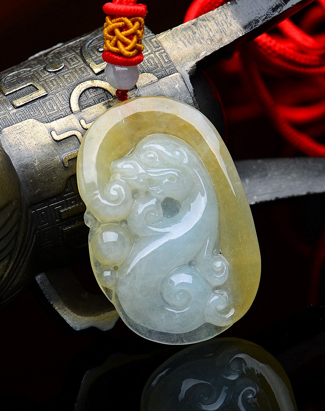 a货翡翠冰糯种黄翡福寿如意吊坠