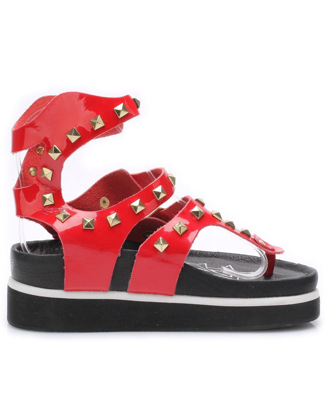 红色光皮金色窝钉高帮人字凉鞋