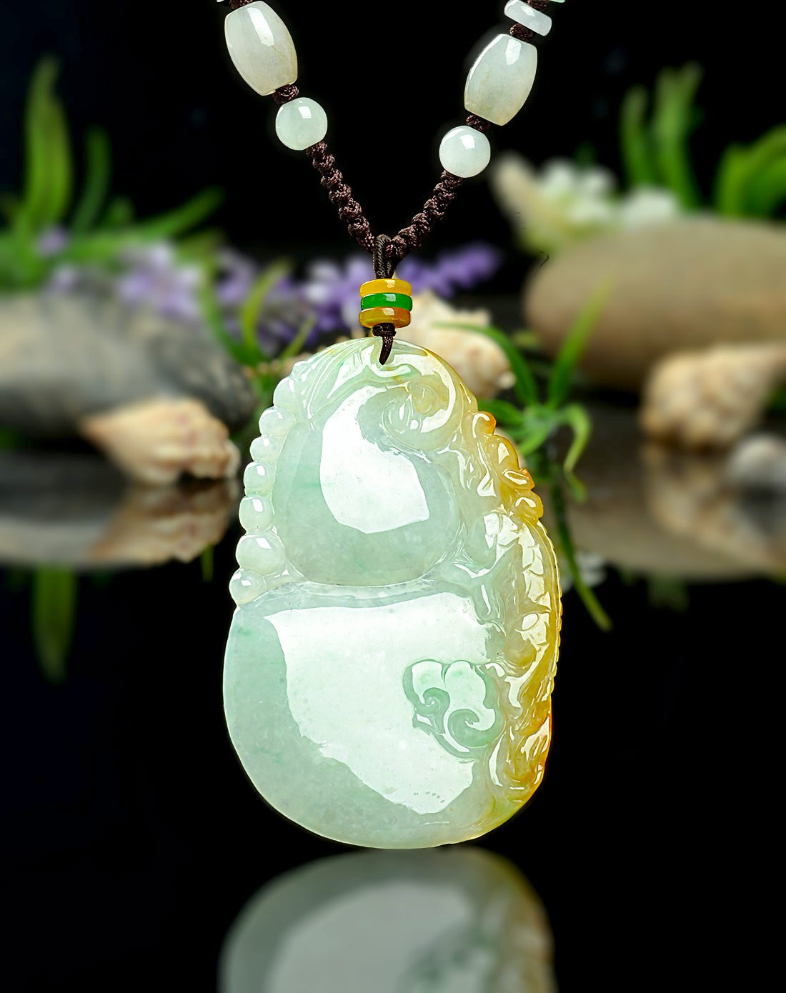 天然精雕细腻飘花带黄翡福寿如意翡翠挂件(国家权威鉴定)