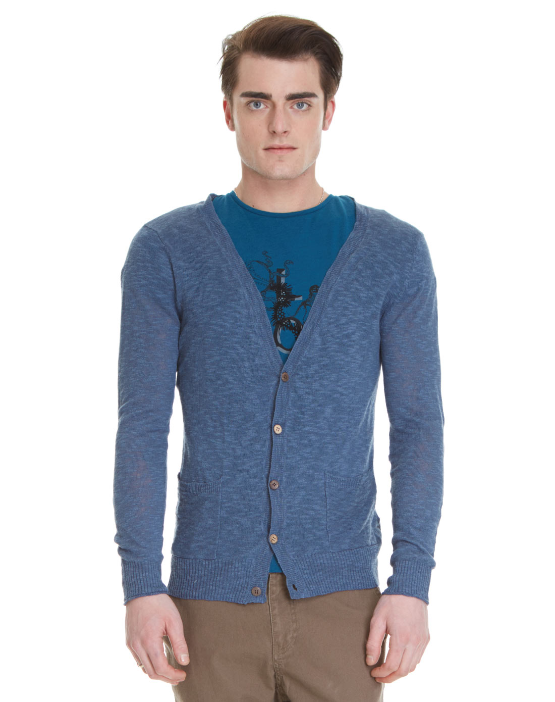 石灰蓝时尚休闲男士毛织开衫