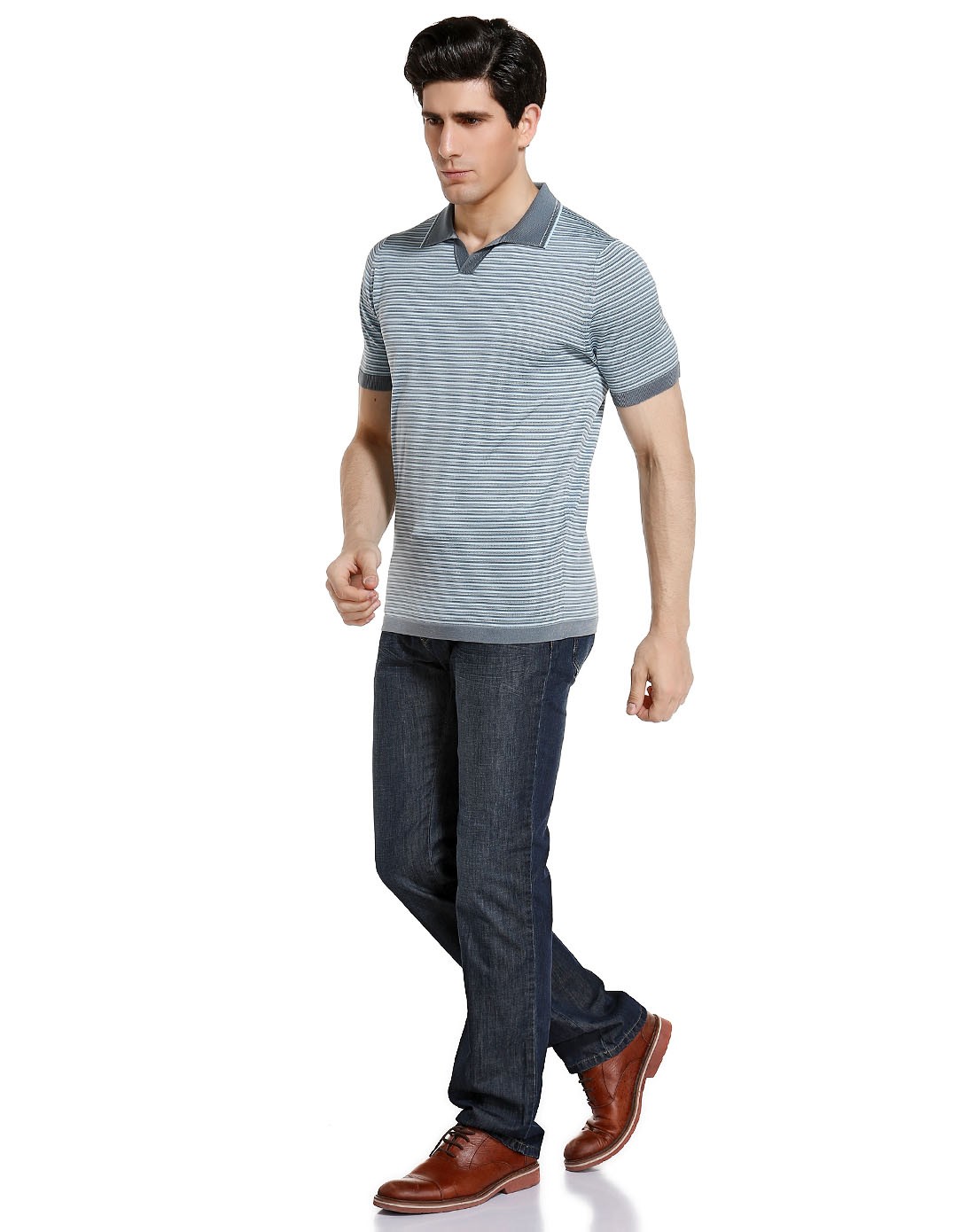 路卡迪龙luka dilong男装专场 > 浅蓝/灰色翻领间纹短袖t恤