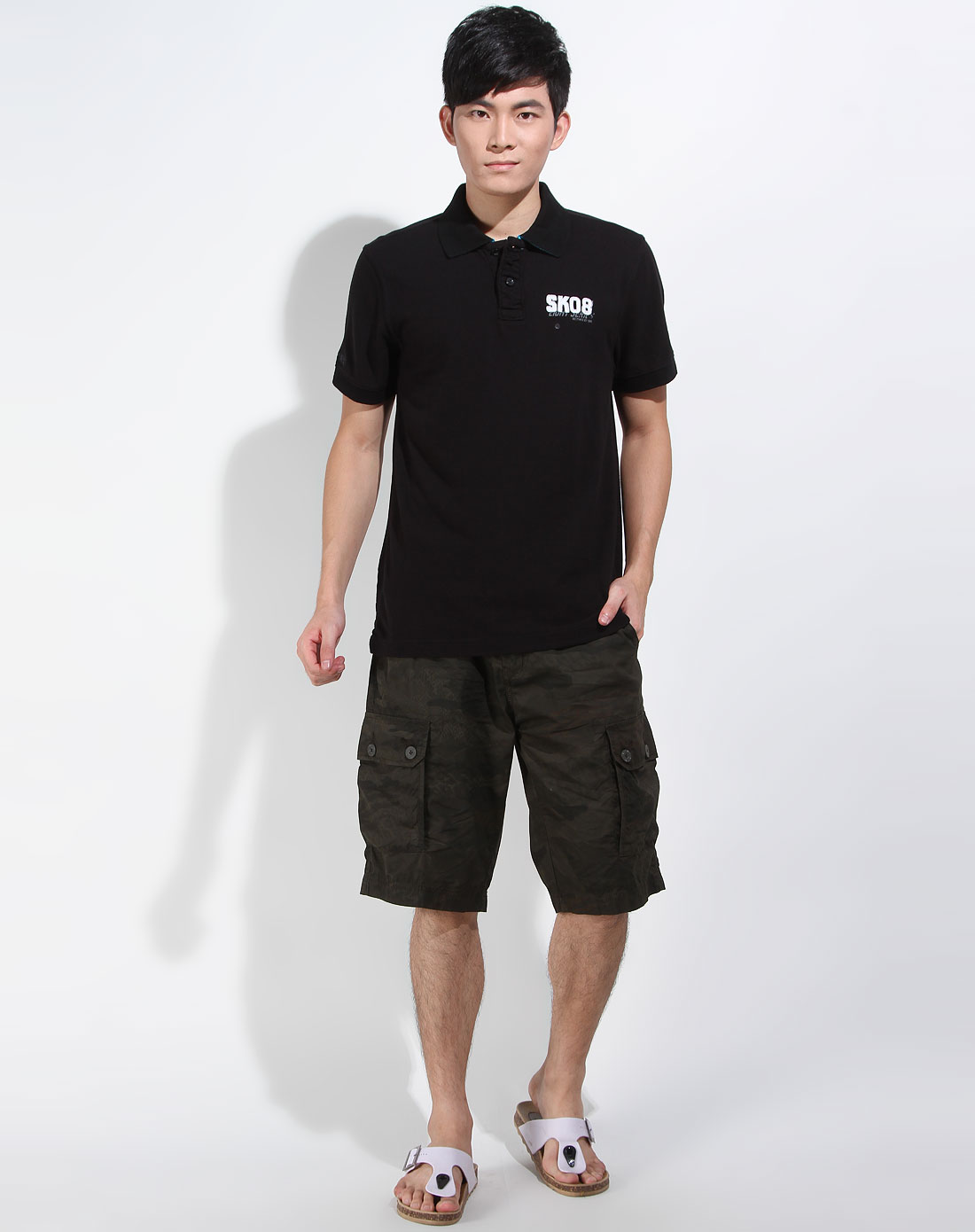 生活几何samuel&kevin-男装专场 黑色翻领短袖上衣