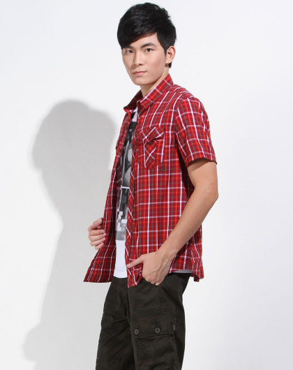 生活几何samuel&kevin-男装专场 橙/红色格纹短袖衬衫