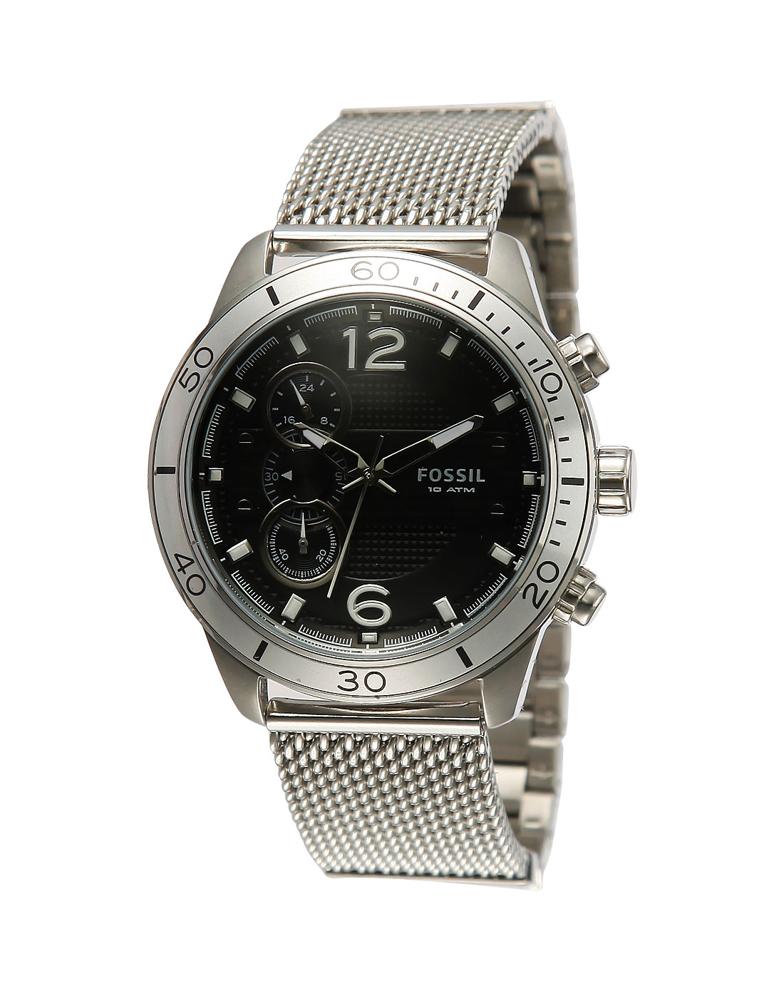 fossil 男款银/黑色三眼商务手表
