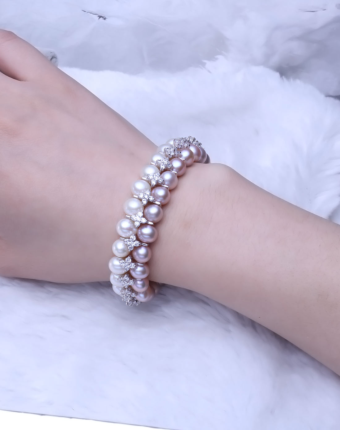 一生一世 高圆圆同款手链7-8mm双排淡水珍珠手链白色加紫色