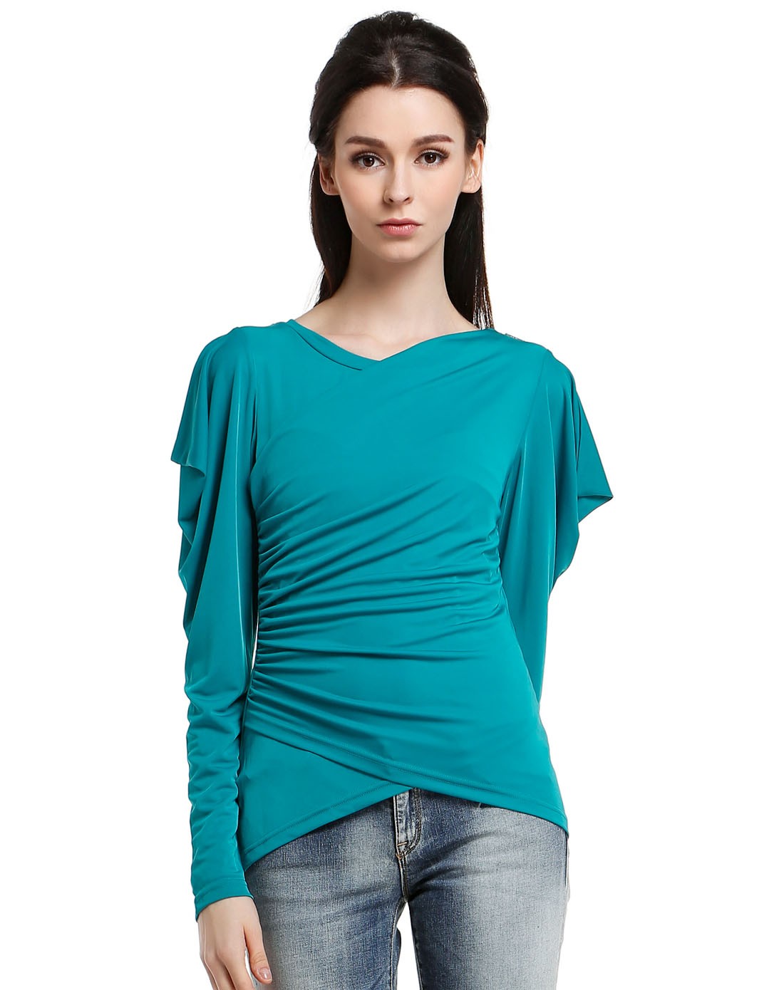 湖水绿色圆领个性时尚长袖上衣