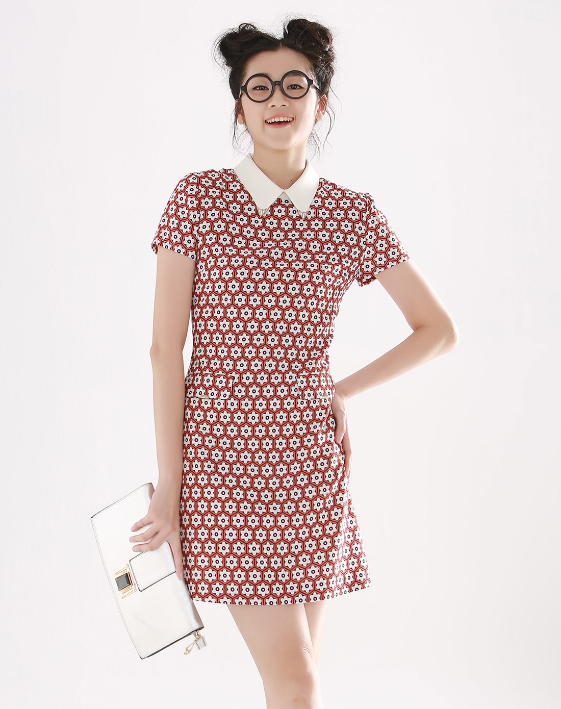 沙发sofa女装专场-红色金属领尖连衣裙