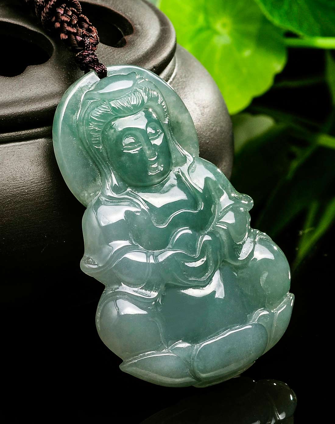 冰糯种蓝水观音赐福 天然翡翠a货挂件(附国检证书)
