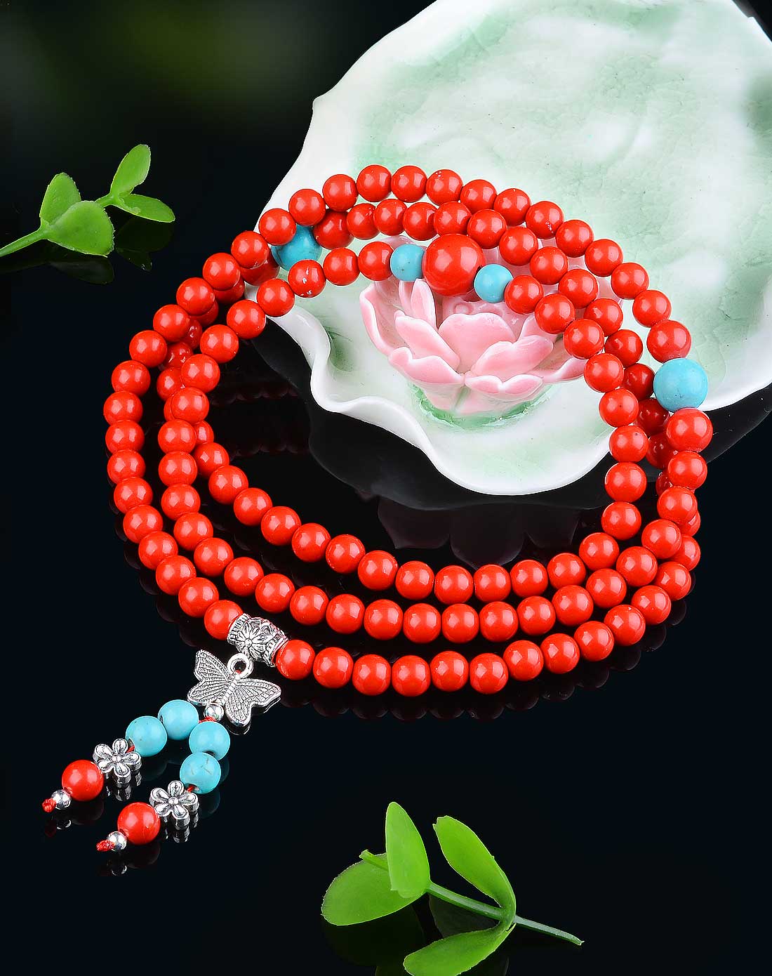 红朱砂搭配绿松石隔珠蝶恋花多层手串(附证书)