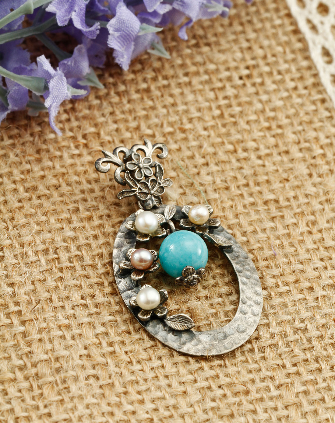 天河石珍珠复古银吊坠