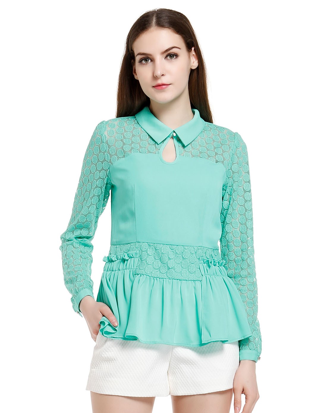 青绿色翻领复古拼接长袖上衣