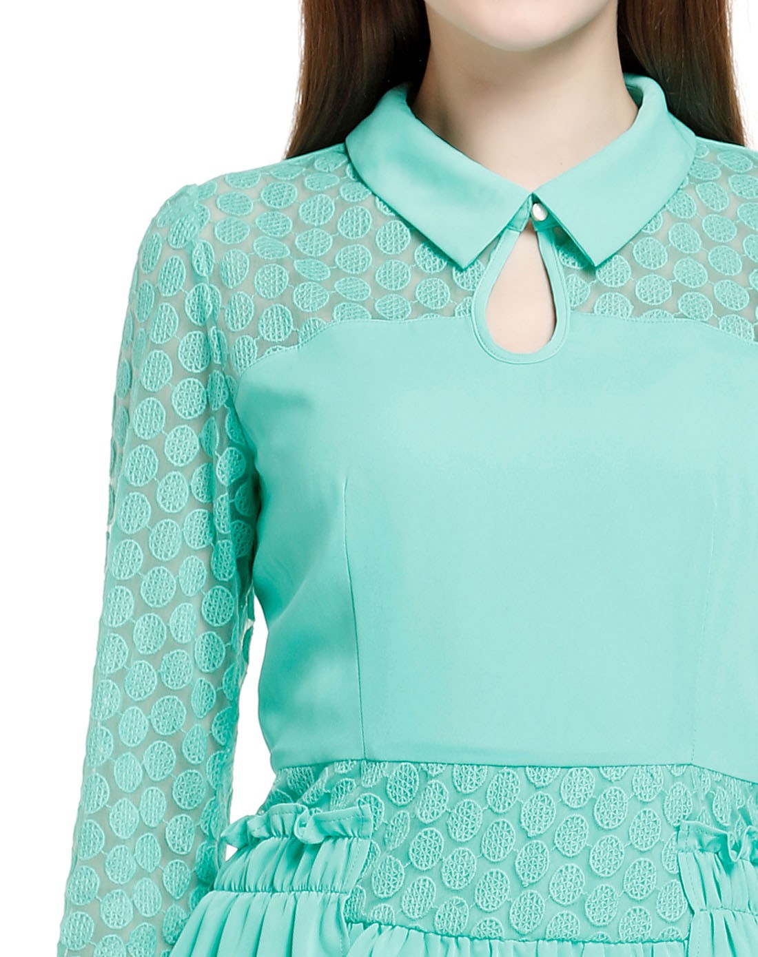 青绿色翻领复古拼接长袖上衣