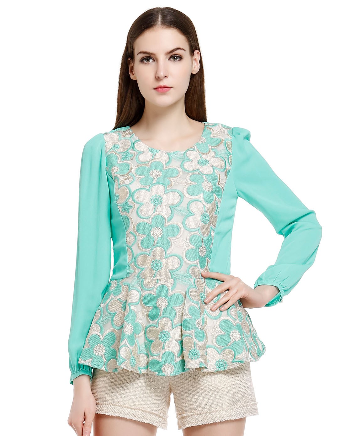 青绿色甜美刺绣拼接长袖上衣