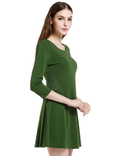 深绿色欧式简约素雅八分袖连衣裙