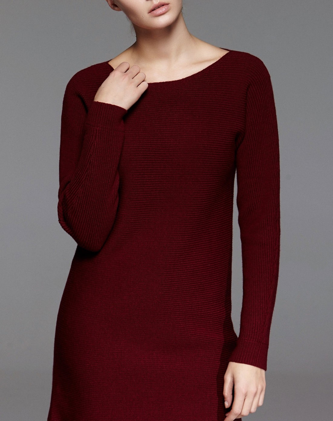 深酒红色舒适气质长款长袖100%羊毛衫