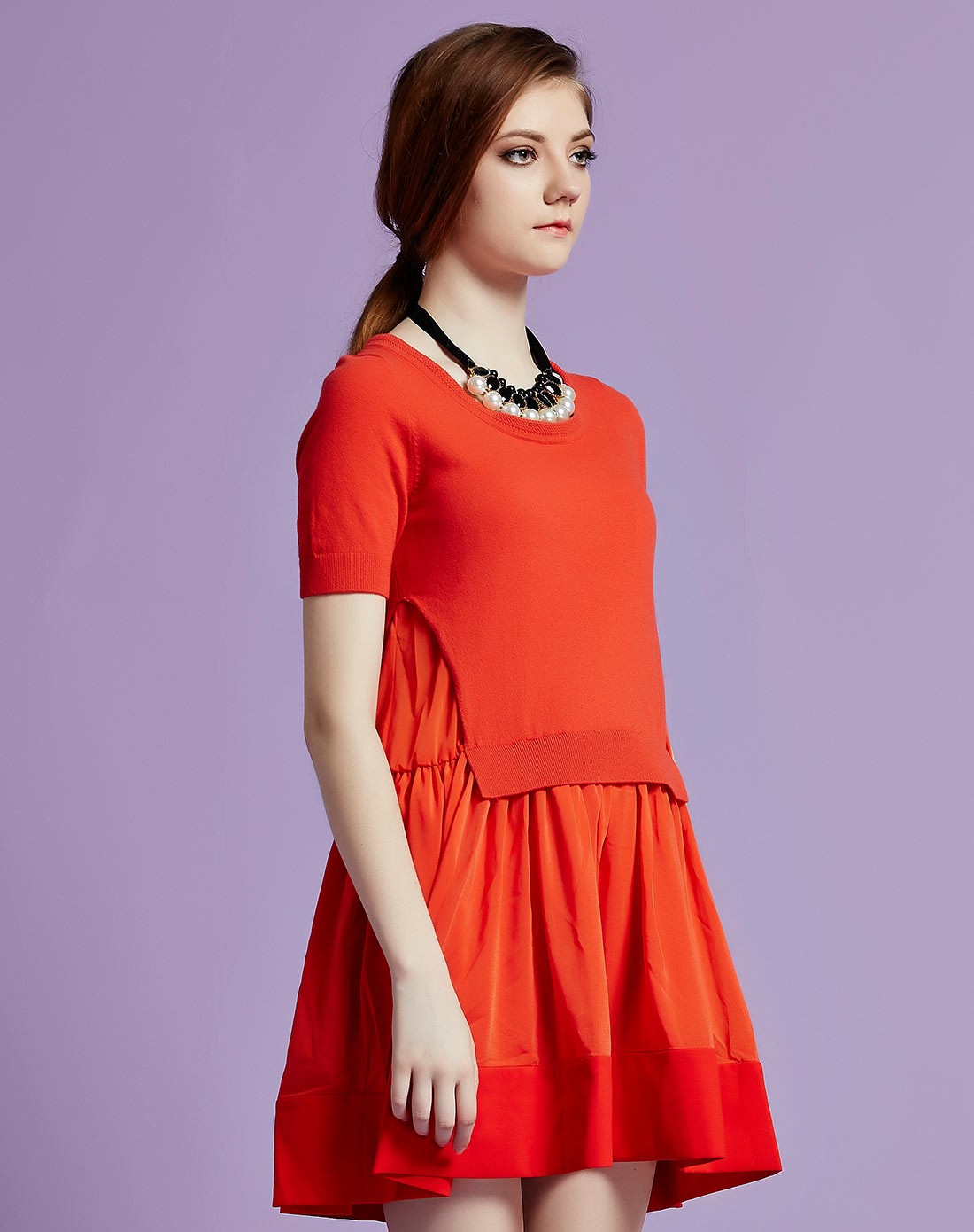 深橘红色淑女舒适短袖连衣裙