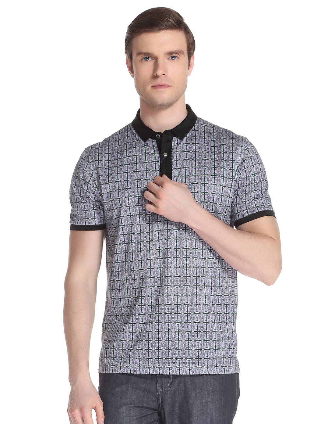 灰/绿色格子印花半开襟短袖t恤