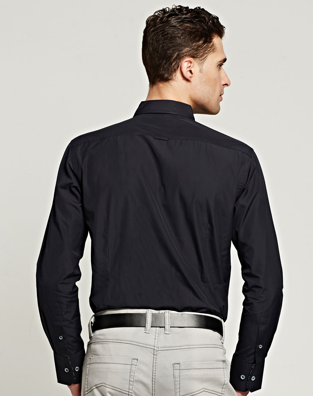 休闲简约蓝黑色全棉长袖衬衫