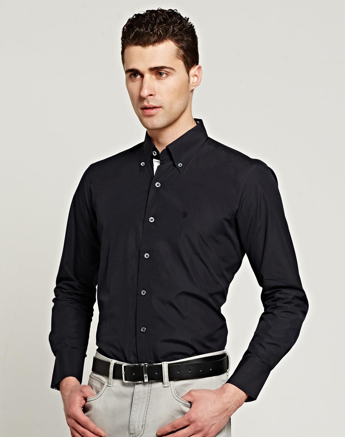 休闲简约蓝黑色全棉长袖衬衫