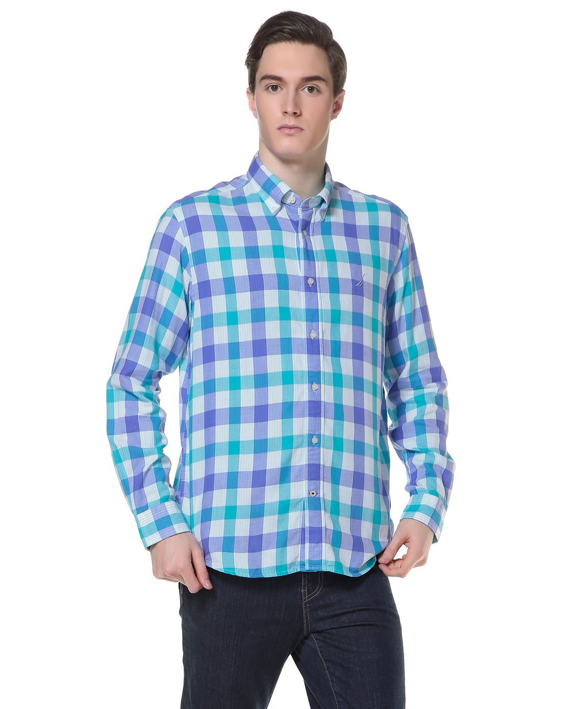 男款蓝/紫色格纹休闲长袖衬衫