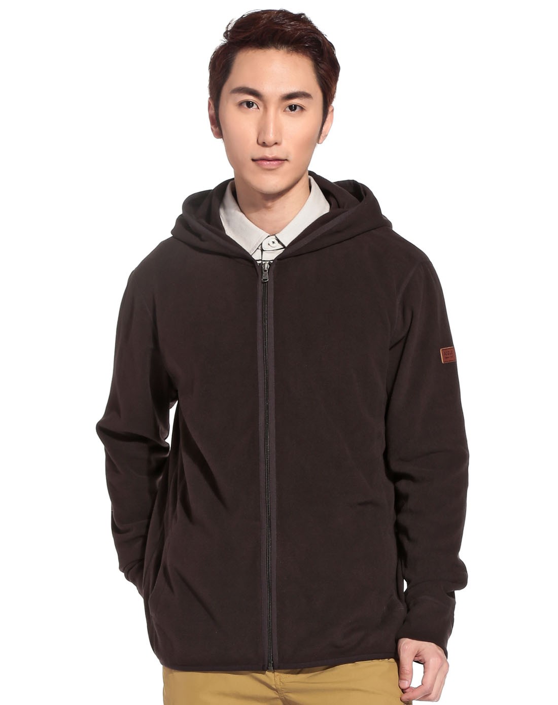 男款深板栗色轻柔长袖抓绒衣 连帽