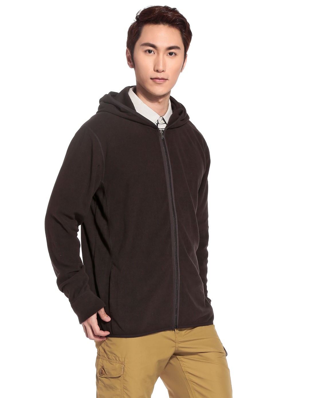 男款深板栗色轻柔长袖抓绒衣 连帽