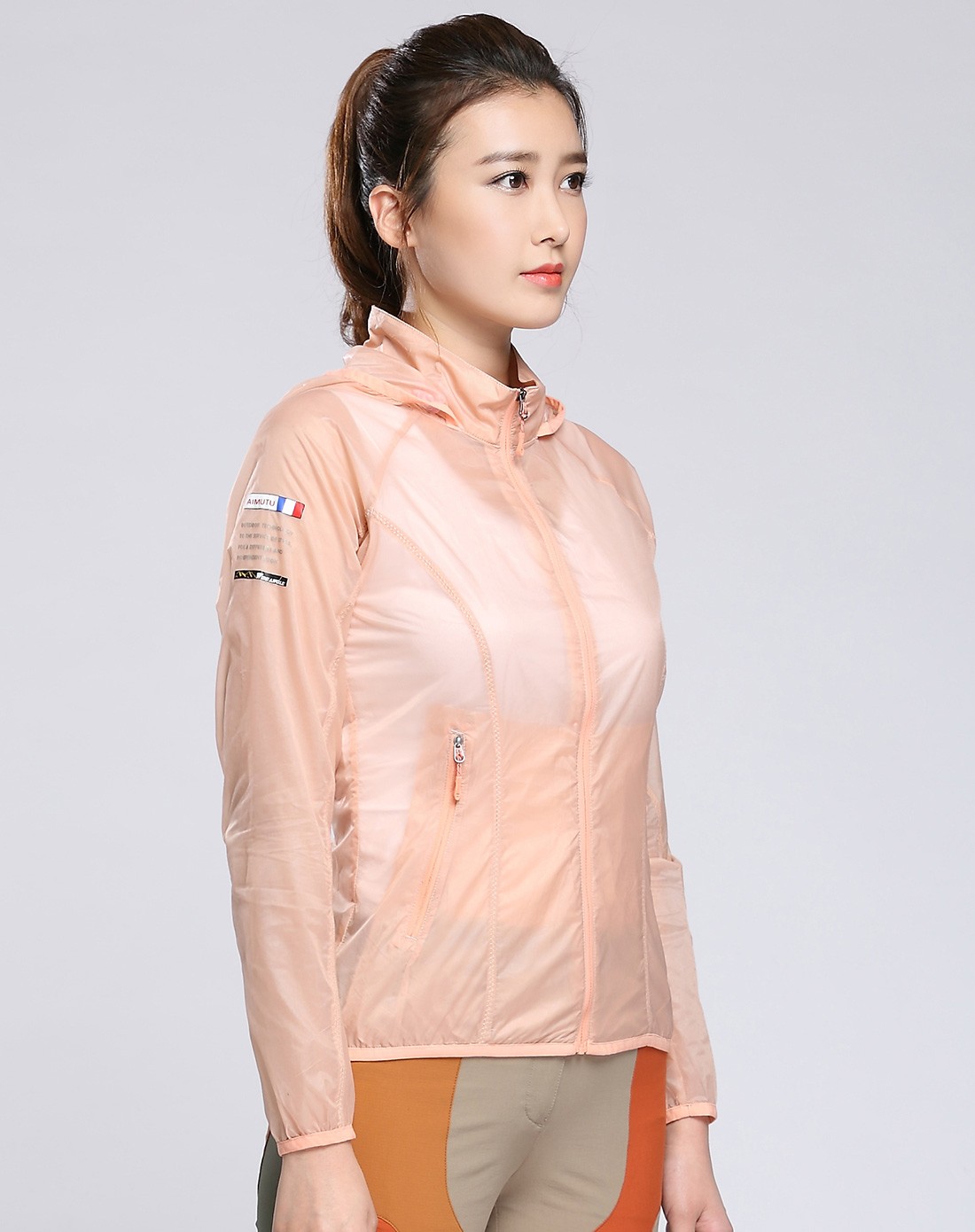 aimutu 防风防水 女款桃肉色皮肤衣 立体剪裁拼色修身
