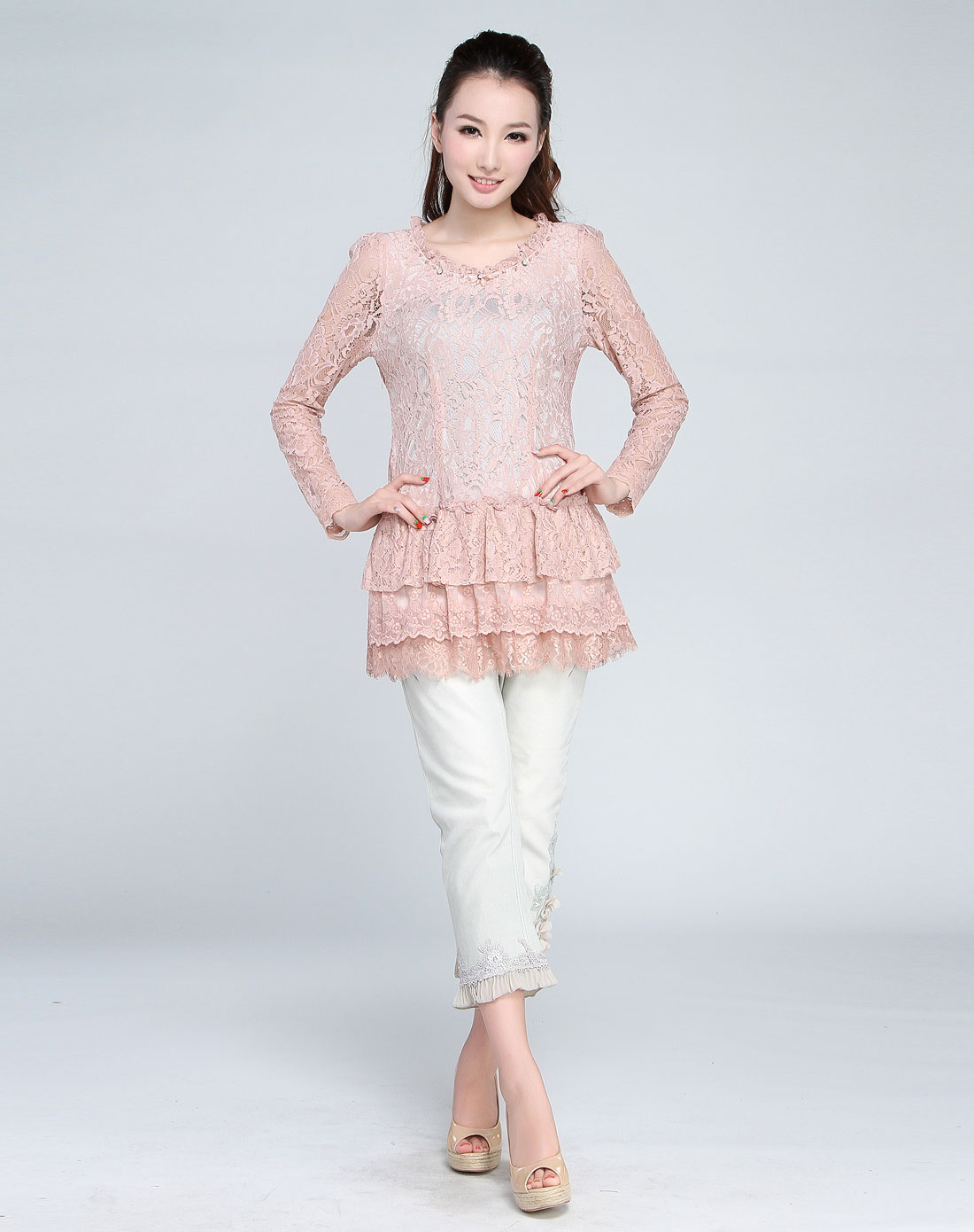 粉藕色淑女蕾丝长袖上衣