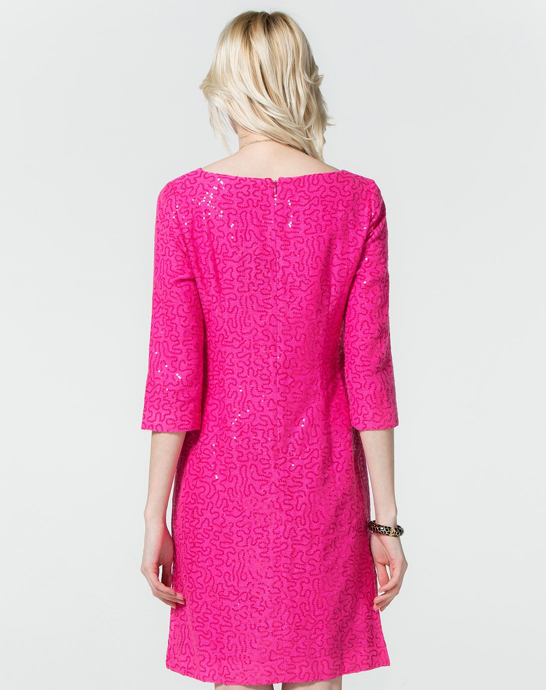 tokyo style 艳粉色钉珠片时尚七分袖连衣裙