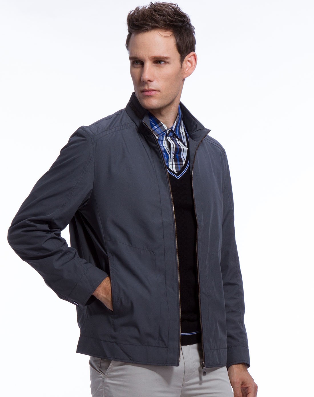 杰凡尼jevoni深灰色魅力帅气立领拼皮夹克j1111112-97_唯品会