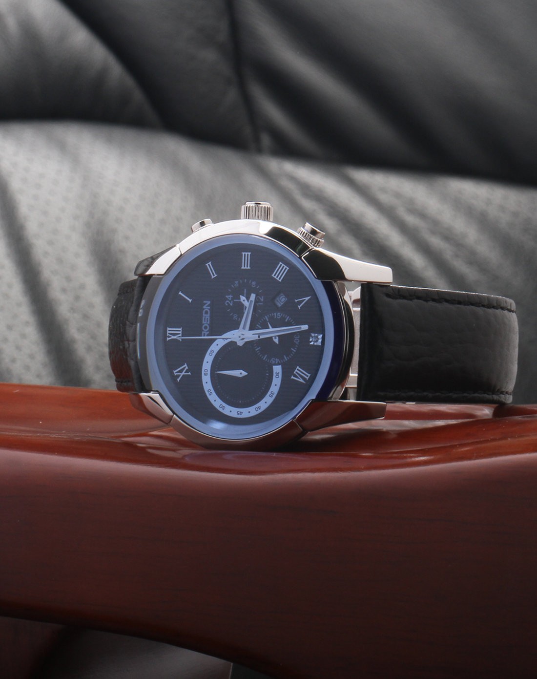 劳士顿rosdn手表专场-真皮多功能运动石英男表3116g黑面