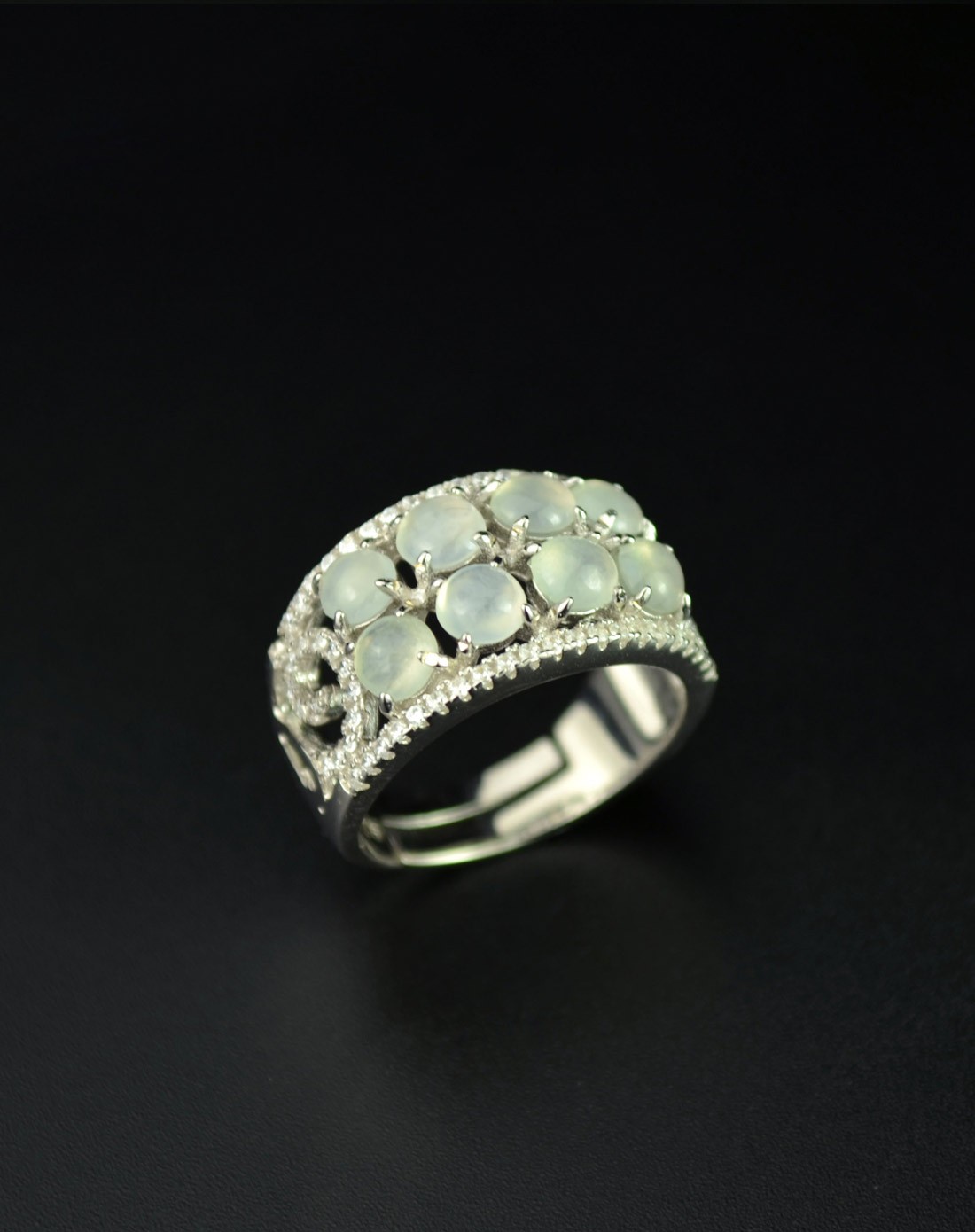 翡翠925银镶嵌冰种双排奢华戒指