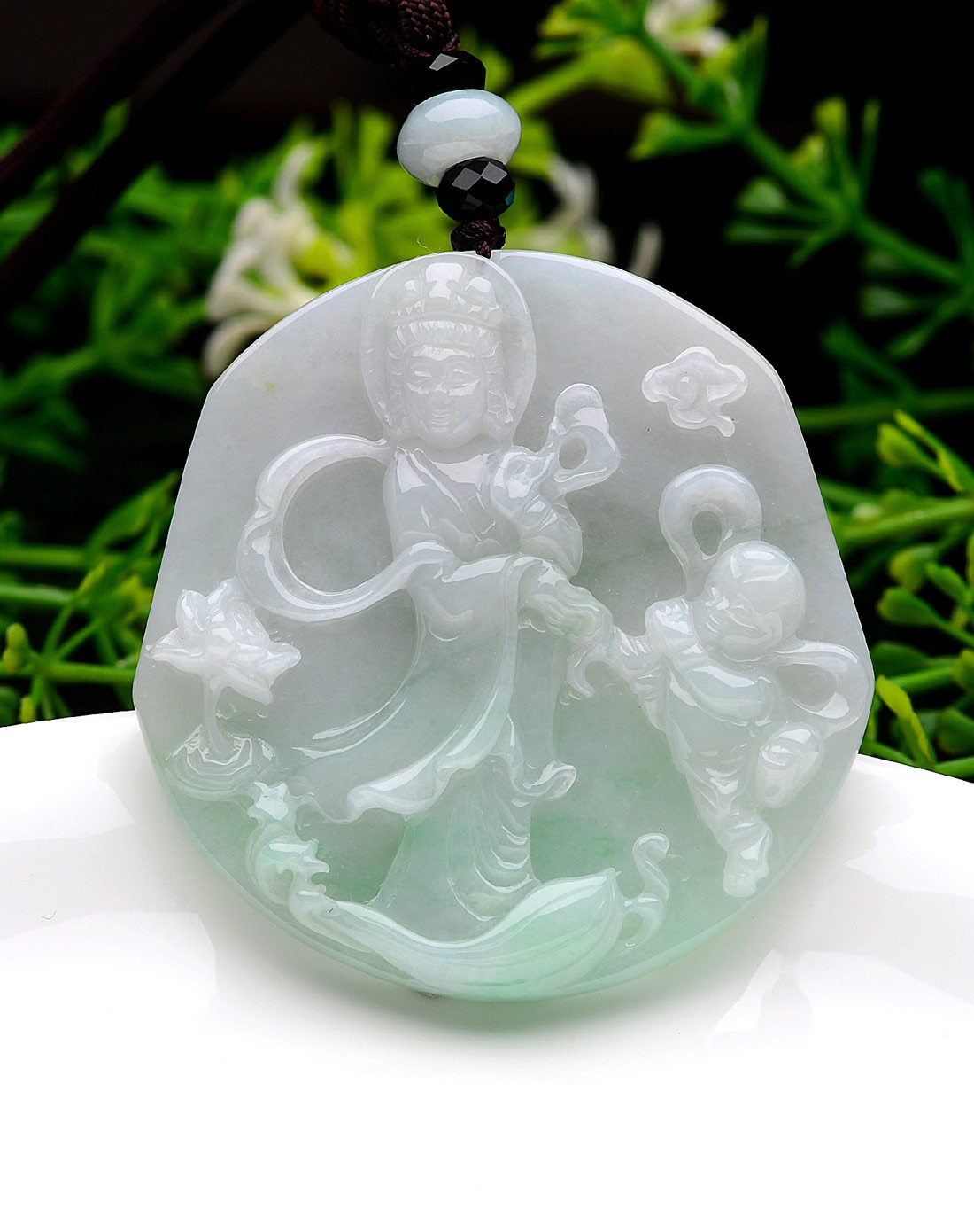 a货翡翠冰糯种巧雕俏色送子观音吊坠