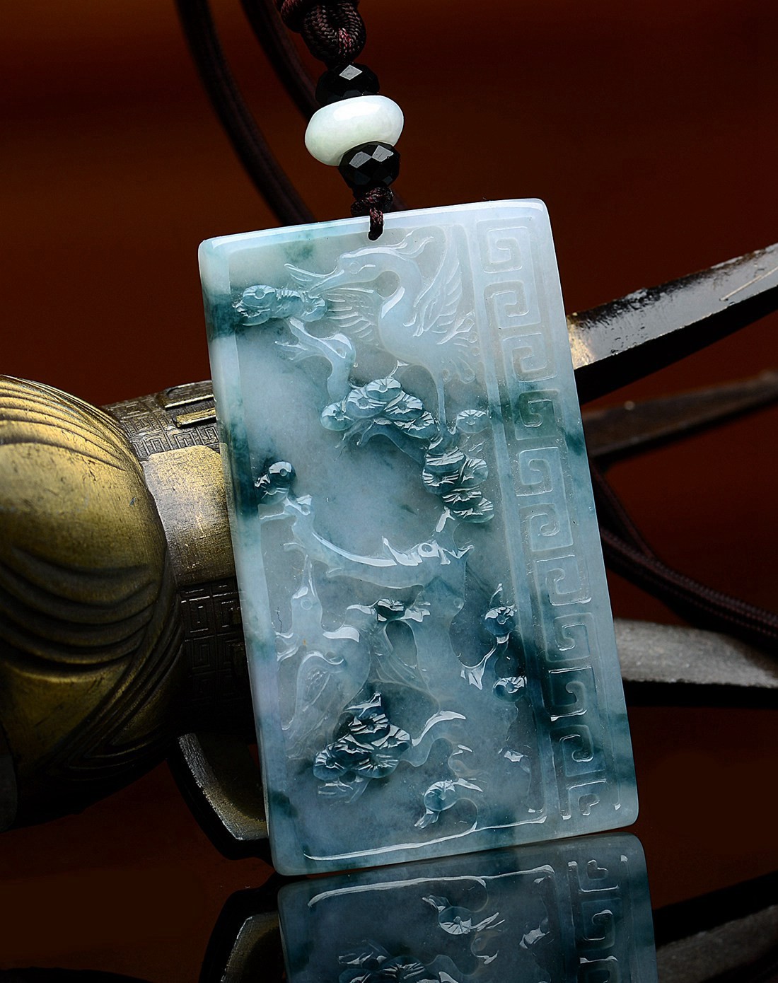 a货翡翠冰糯种飘花松鹤延年吊坠