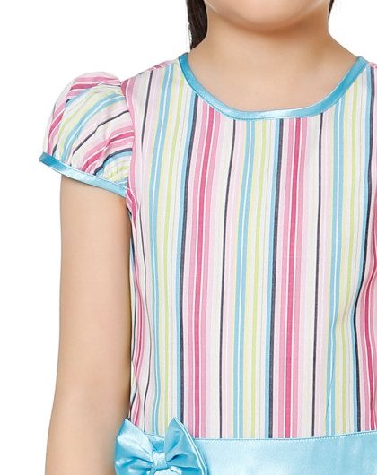 女童粉蓝/粉红色竖纹休闲短袖连衣裙