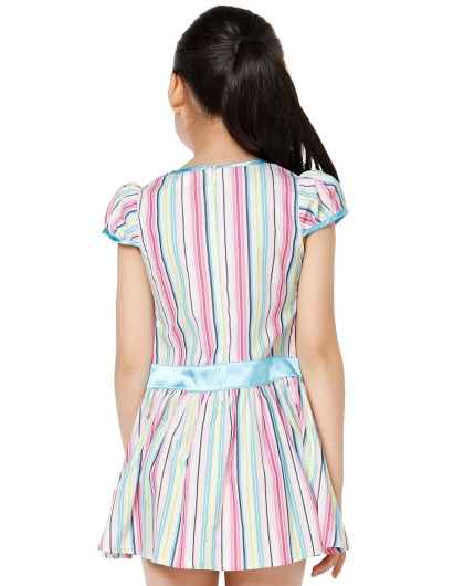 女童粉蓝/粉红色竖纹休闲短袖连衣裙