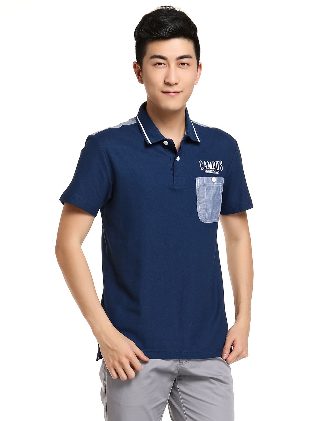 男款深蓝色舒适翻领短袖t恤 时尚潮流