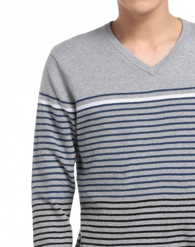 银灰/蓝色v领条纹长袖针织衫