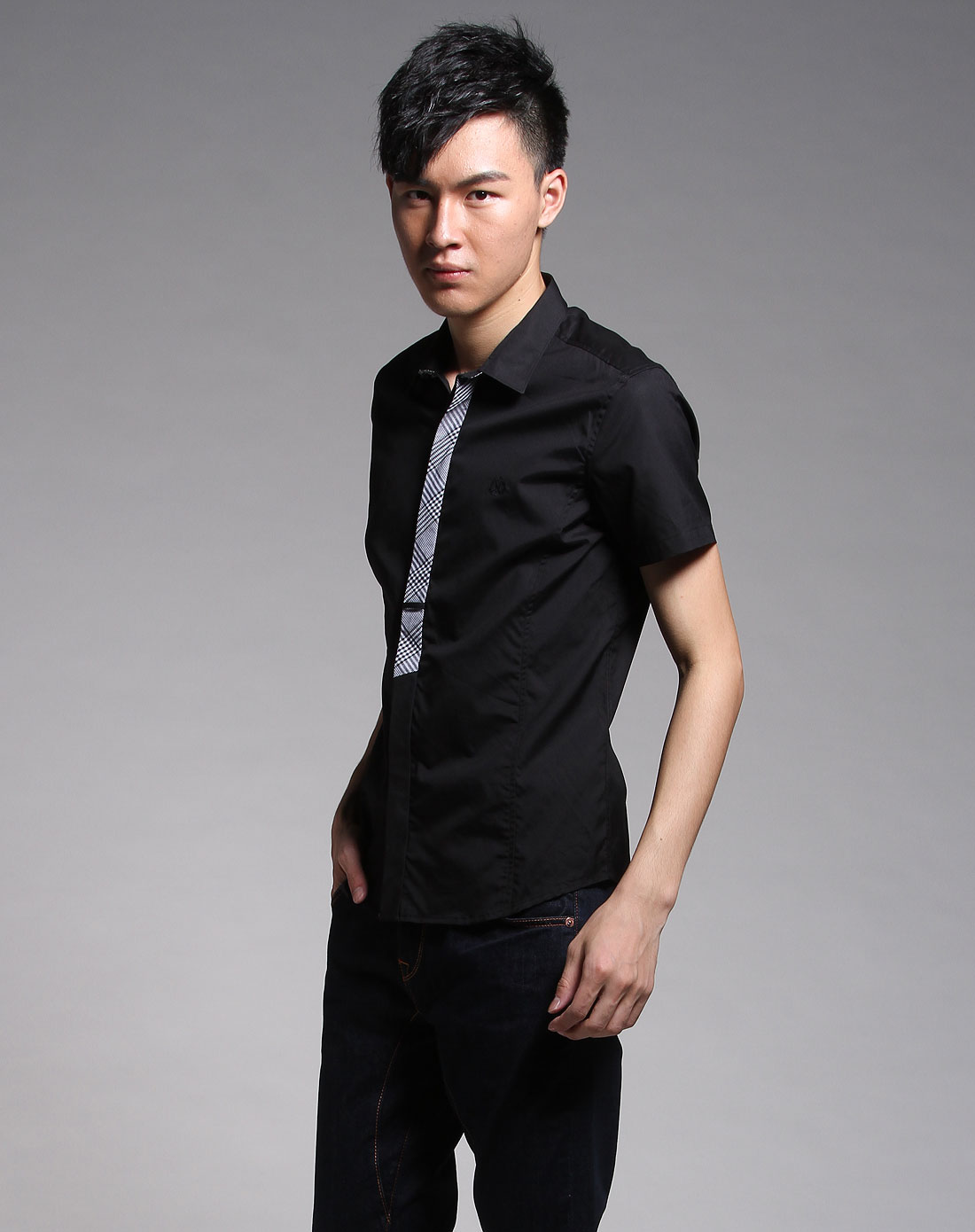 jasonwood男装专场-黑色休闲短袖衬衫